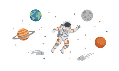 An astronaut in a white and orange spacesuit floats in space surrounded by the Earth, Saturn, Jupiter, Mars, a gray moon, and two comets with tails. © Fendi