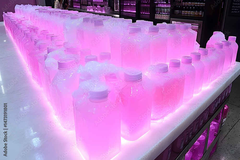 Poster rows of pink liquid-filled bottles encased in ice, illuminated with pink light, creating a visually 