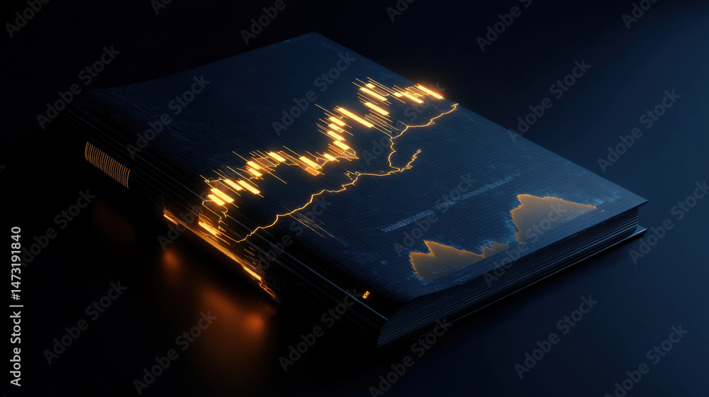 Poster Glowing candlestick chart pattern embedded within a dark, thick book, symbolizing financial knowledge and market trends.  The orange light illuminates the data, creating a striking vis : Generative AI