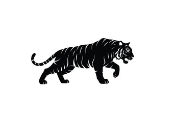 Tiger silhouette. This image shows a black silhouette of a tiger with sharp, jagged rays emanating from a central circle, resembling a sunburst pattern. Vector clipart illustration design.