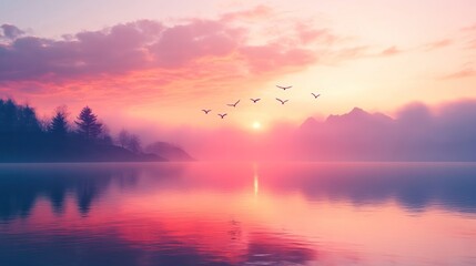 Fototapeta premium Serene Sunset: Pink Hues over Misty Lake and Mountains