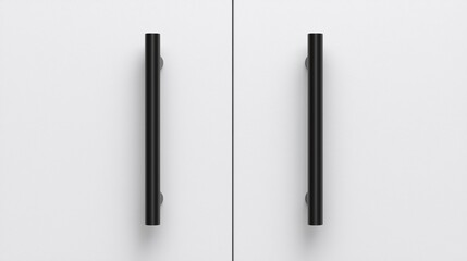 Two black vertical handles on a white double cabinet door, viewed from the front with a minimalist design.