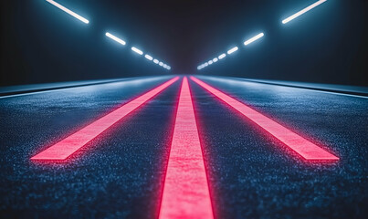 Futuristic highway scene at night with glowing red lines and bright white lights. Abstract road design.