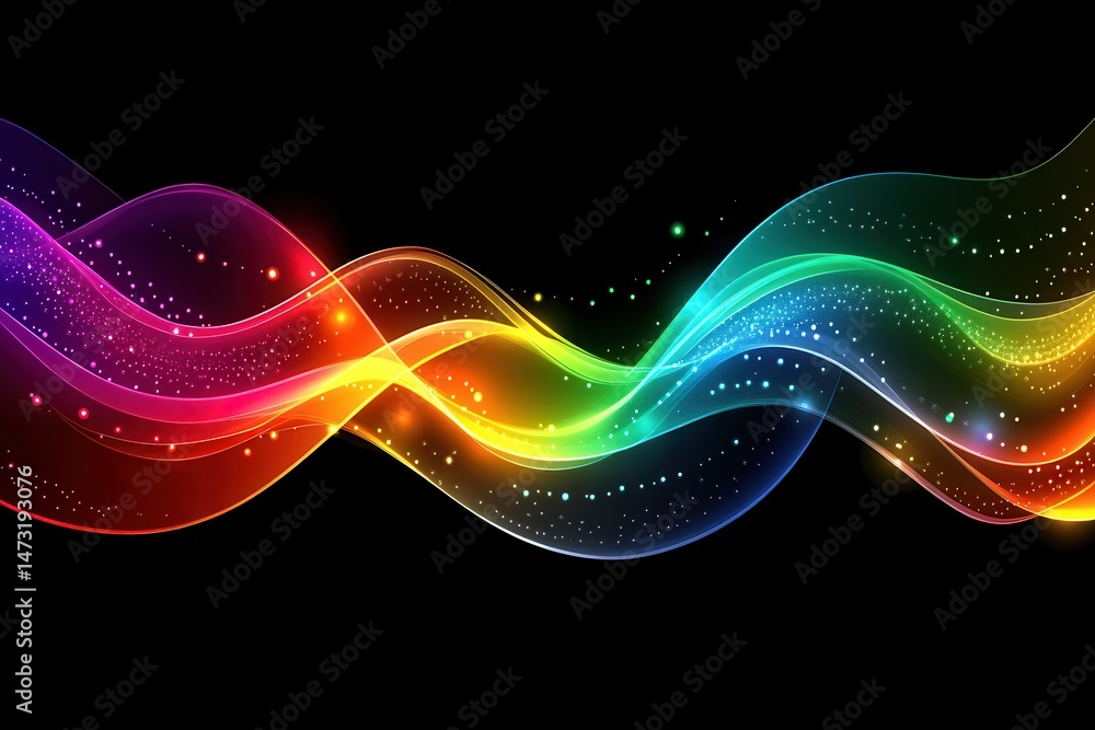 Poster vibrant abstract waves of color flowing seamlessly against a black background, creating dynamic moti