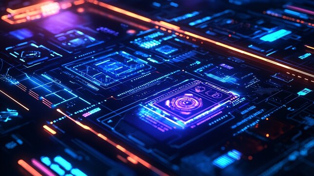 A high tech virtual screen with a glowing interface, displaying an interactive touch system with futuristic cybernetic elements – high-quality AI image