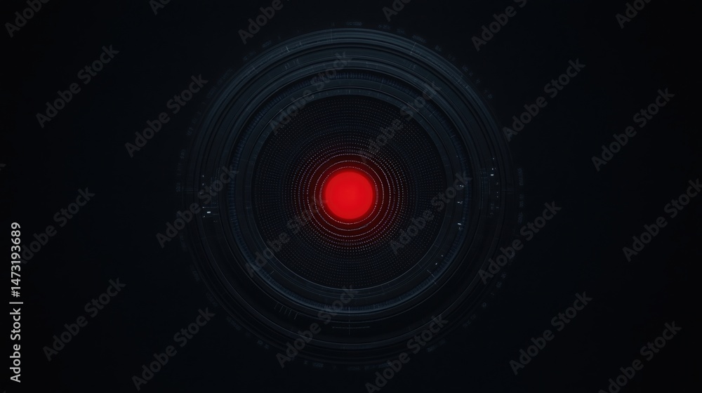Poster a glowing red circular light with concentric rings on a dark background, resembling a futuristic or 