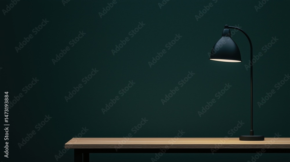 Poster a simple desk with a lit black lamp against a dark green wall, creating a minimalist and modern work