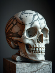 Sculpted Mortality, A Marbled Skull Contemplating Existence in Stone