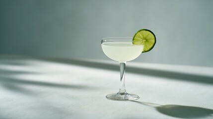 Elegant cocktail glass filled with light drink.