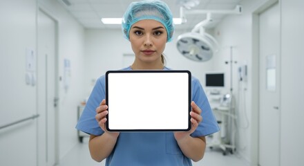 Focused healthcare provider displaying modern digital tablet in sterile environment