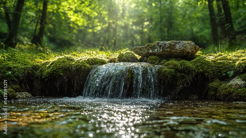 Poster tranquil forest stream cascading over mossy rocks. sunlight filtering through trees