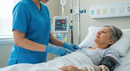 Male nurse explaining medical treatment to elderly female patient in bed
