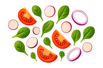 Flat Lay of Fresh Tomato Wedges, Radish Slices, Red Onion Rings, and Spinach Leaves Isolated on Black Background – Colorful Raw Vegetable Composition for Healthy Eating and Salad Design Concepts