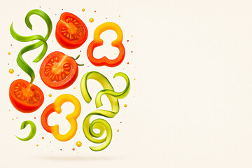 Creative Composition of Floating Tomato Halves, Bell Pepper Rings, and Cucumber Ribbons on Light Background – Vibrant Raw Vegetables with Splashes for Healthy Cooking and Salad Concepts