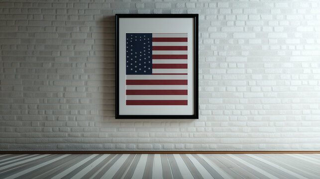 4th of July Independence Day theme, retro interior in USA flag color and photo frame mockup on brick wall background with striped wooden floor, festive concept for American national holidays
