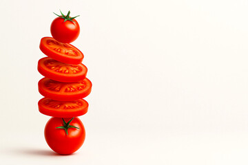 Creative Vertical Stack of Whole Tomato and Slices on Light Background – Minimalist Concept of Balanced Freshness, Healthy Food, and Modern Culinary Art