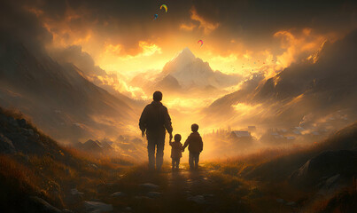 Obraz premium A father and his two sons walk towards a majestic mountain range at sunset, a breathtaking scene of family adventure and hope.