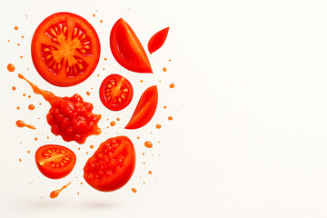 Dynamic Composition of Fresh Tomato Slices, Wedges, Halves, and Crushed Pulp with Juice Splashes on White Background – Vibrant Food Art for Healthy Cooking, Salads, and Recipe Design