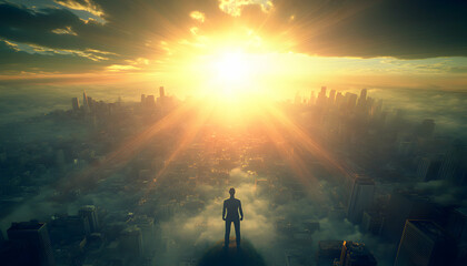 Man silhouetted against a breathtaking sunrise over a sprawling cityscape, symbolizing ambition, success, and the potential of a new beginning.