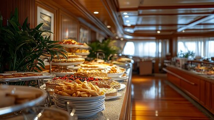 Luxurious buffet breakfast spread on a cruise ship