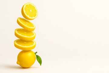 Minimalist Stack of Whole and Sliced Lemons Balancing Vertically on Light Background – Fresh Citrus Fruit Concept for Healthy Living, Refreshment, and Organic Food Design