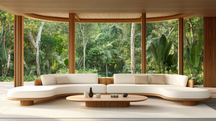Fototapeta premium Cozy patio area features contemporary interior with curved sofa and natural surroundings