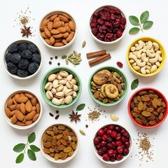 Top View of Assorted Dried Fruits and Nuts in Colorful Bowls with Spices on White Background – Healthy Vegan Snack Ingredients for Diet, Festive Recipes, and Food Styling
