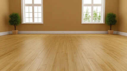 Obraz premium Spacious living room with wooden flooring and large windows, creating warm atmosphere