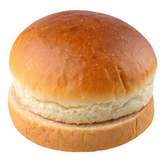 Realistic golden brown burger bun with fluffy soft texture and clean center cut, empty sandwich bread for gourmet or fast food use, isolated on transparent background.