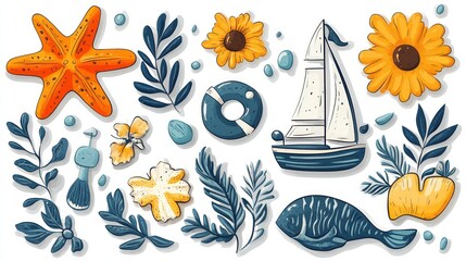 Naklejka premium Colorful summery collection of sea and nature elements, including starfish, flowers, leaves, a sailboat, a life preserver, and fish