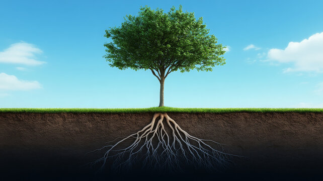 Tree with roots extending underground symbolizes strength and stability in nature