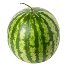 Realistic whole watermelon with green striped rind and small stem on top, perfectly round fruit, isolated on transparent background
