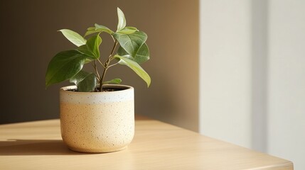 Fototapeta premium A Small potted plant in a sunlit room, peaceful and serene atmosphere.
