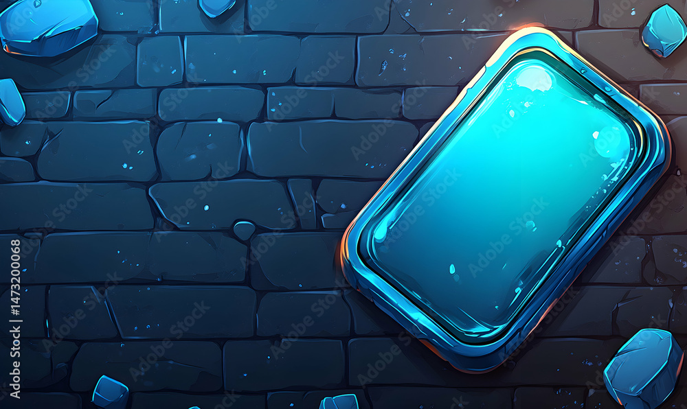Poster glowing blue rectangular digital element on dark stone wall background. perfect for game design, app