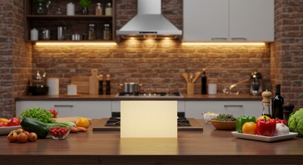 Modern kitchen showcase with fresh vegetables on island and space for text