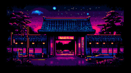 Fototapeta premium Retro pixel art depicting a neon-lit Asian-inspired building at night, with a car parked in front. The scene evokes a nostalgic, 80s vibe.