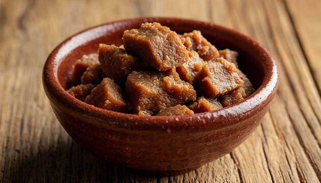 Cut Panocha Mexican Brown Sugar Candy in a Rustic Bowl