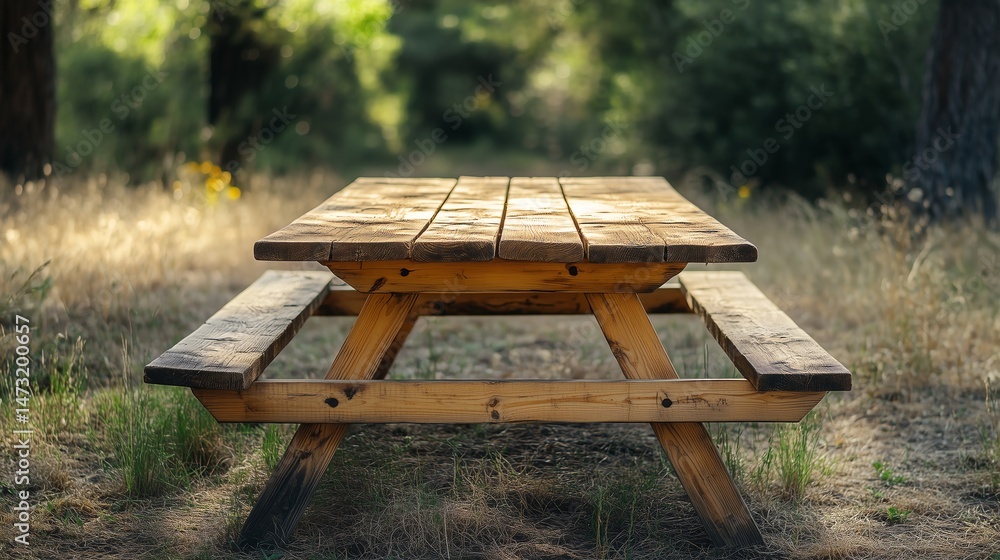 Aufkleber empty rustic table set against a countryside background. minimal picnic concept with ample copy spac