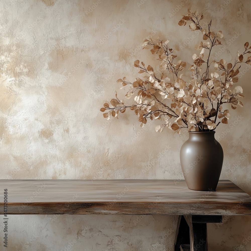 Poster empty minimalist table against beige textured wall with glossy leaves - ideal for product placement 