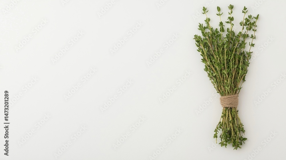 Poster a small bundle of fresh thyme tied with string, placed against a plain white background.