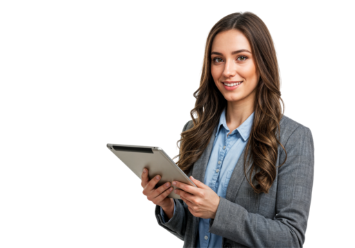 Confident businesswoman with tablet on transparent background