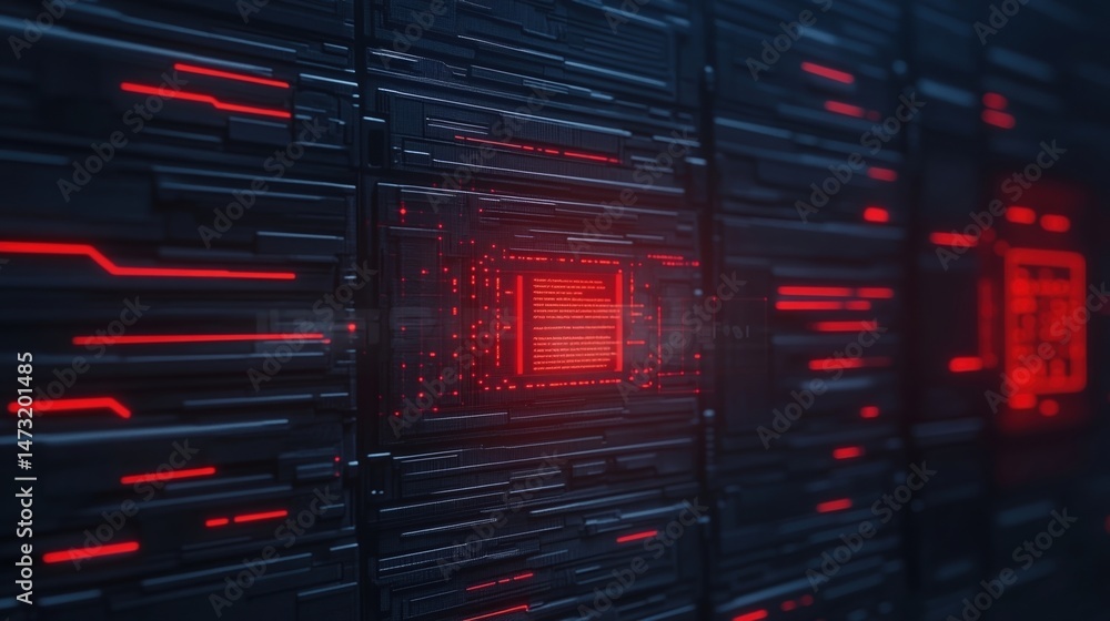 Poster a dark digital circuit board with glowing red lights and futuristic patterns, highlighting a central