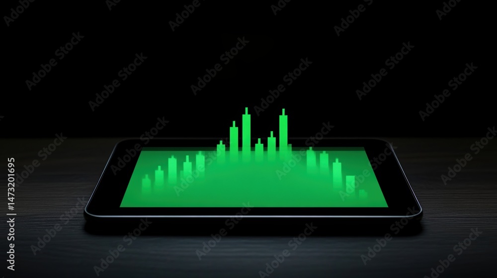 Poster a digital tablet displays a glowing green 3d bar graph rising from its screen, symbolizing data visu