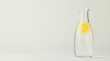 A clear glass carafe filled with water and a slice of lemon, placed against a plain light background.