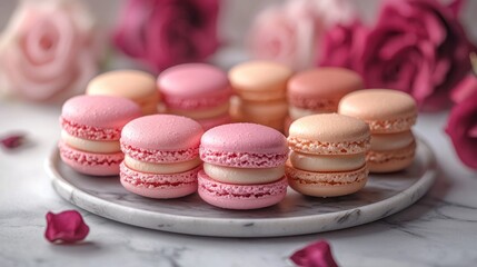 Fototapeta premium Delicate pink and beige macarons, heart-shaped arrangement on marble plate, surrounded by roses
