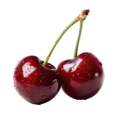 Two red cherries with water drops isolated on wet food ripe life stem dark on transparent background