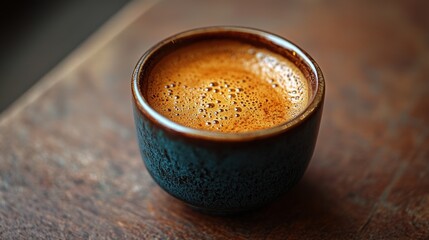 A small, rich espresso in a teal ceramic cup