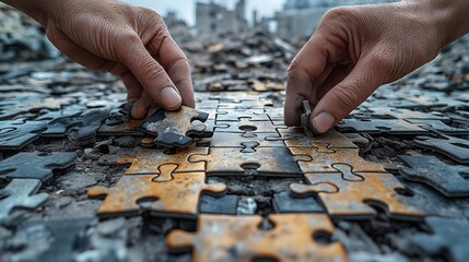 Rebuilding from Rubble – Hands Assembling a Puzzle of Broken Cities. Generative AI.