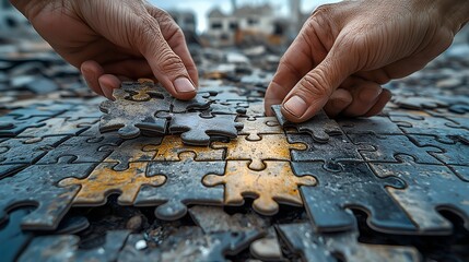 Rebuilding from Rubble – Hands Assembling a Puzzle of Broken Cities. Generative AI.