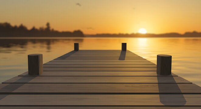 Wooden dock at sunset over calm lake water